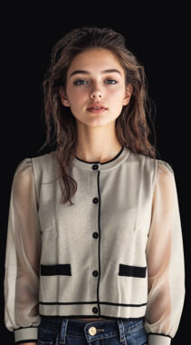 TIPS Beige and Black Contrast Trim Sheer Puff Sleeve Cardigan